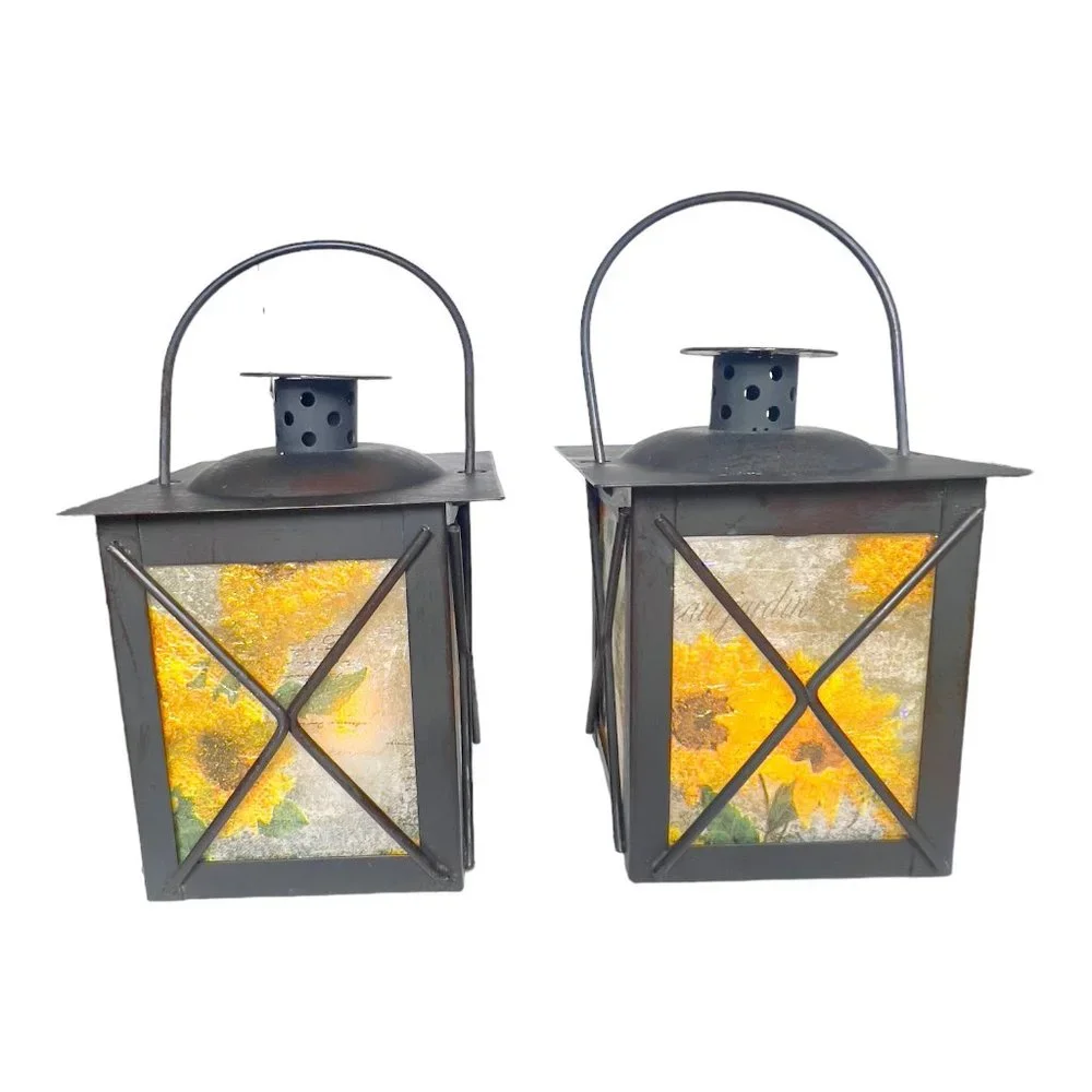 Artisan Crafted Metal Lantern Decoupaged Sunflower Paper Set of 2 One of a Kind
